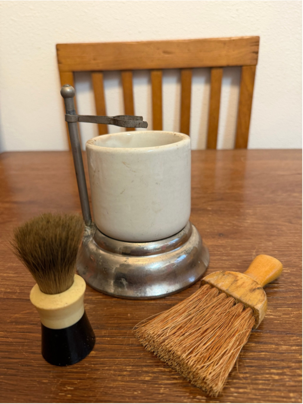Vintage Barber Shaving Mug Metal Stand Brush Set 3 Pc Grooming Lot